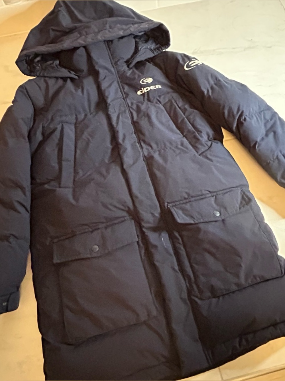 Eider Hooded Puffer Coat in Navy.  Down filled.  Removable hood